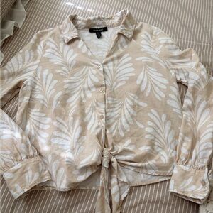 Ellen Tracy Linen Blend Long Sleeve Button Up Tie Front Blouse Top
